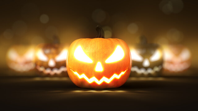 Halloween pumpkins in dark with depth of field blur effect. 3d illustration, suitable for halloween themes.