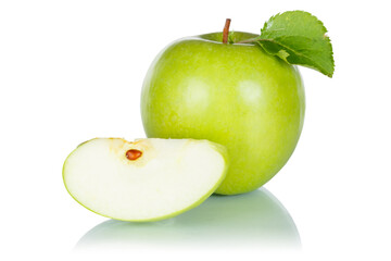 Apples fruits green apple fruit sliced with leaf isolated on a white background
