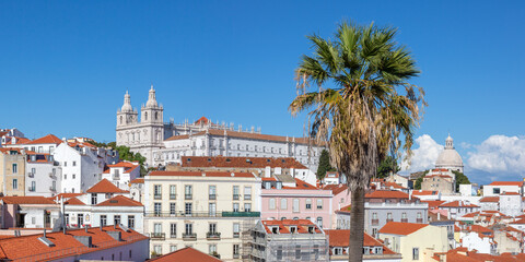 Lisbon Portugal city travel view of Alfama old town with church Sao Vicente de Fora and palm panorama