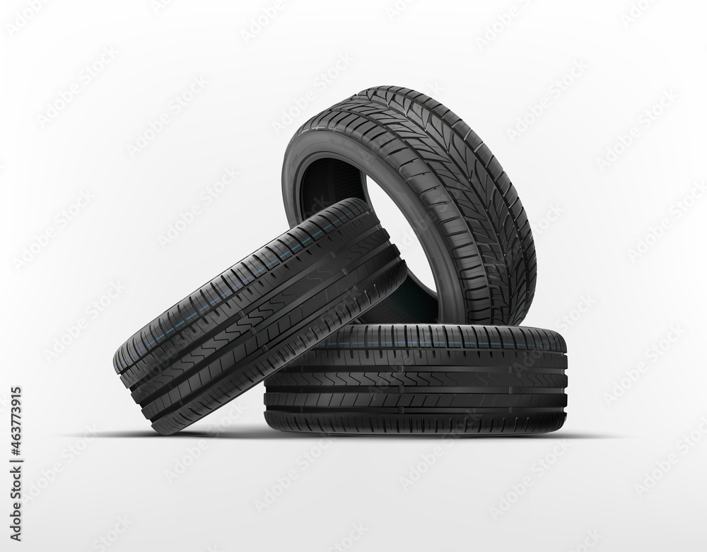 Poster wall of tyres. car tyres pile. car wheels set isolated on a white background. car tires with differe