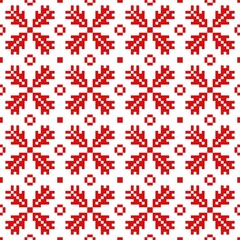 Christmas pixel abstract seamless pattern. Red snowflakes and new year trees in decorative scandinavian embroidery. Vintage holiday art with vector winter fashion.