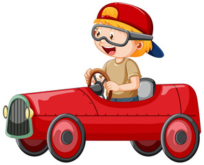 A boy driving mini car toy on white background
