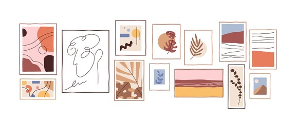 Contemporary wall art composition with framed abstract posters. Creative trendy artworks layout for modern decoration for stylish interior design. Flat vector illustration isolated on white background