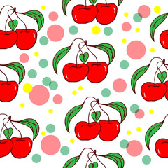 cherry fruit with green leaf illustration on white background. red color with colorful polka dots. hand drawn vector. seamless pattern. doodle art for wallpaper, wrapping paper and gift, backdrop. 