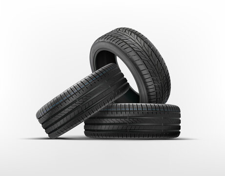Wall of tyres. Car tyres pile. Car wheels set isolated on a white background. Car tires with different tread marks. Realistic wheel icon. Tyre shop, tyres stack change auto service.