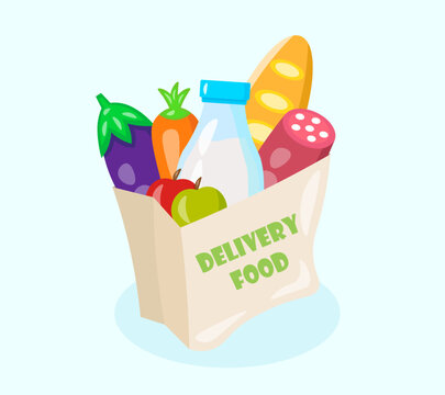 Food delivery, delivery of groceries in a package, products in a package, groceries in a package (sausages, milk, sausage, bread, carrots, eggplant, apple) on a blue background (grocery store)