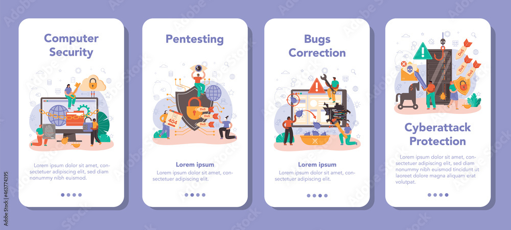 Poster cyber or web security mobile application banner set. digital data