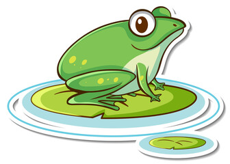 Sticker design with cute green frog isolated