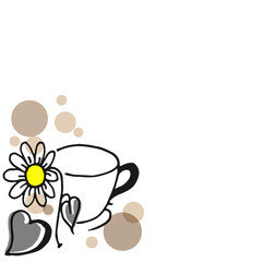 Doodle art for logo business, wallpaper, poster, banner, advertising, flyer. Hand drawn vector. cup of herbal tea with flower and leaf illustrations. Brown bubbles. Cute doodle art. Beverage icon. 