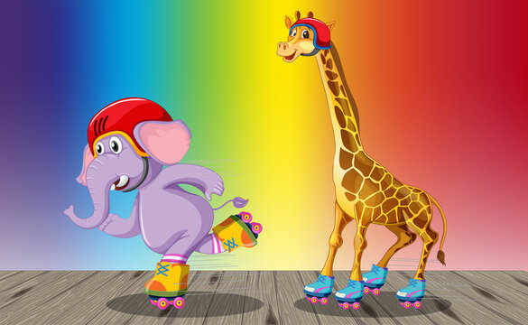 Giraffe and elephant playing roller skate on rainbow gradient background