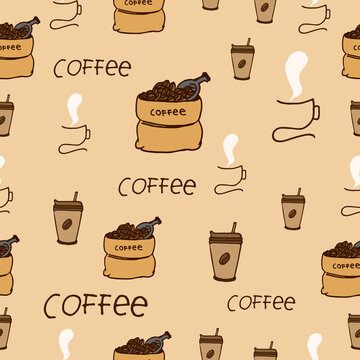 coffee-hand drawn lettering with coffee beans with cup of coffee illustration on brown background. coffee concept. hand drawn vector. seamless pattern. doodle art for wallpaper, wrapping paper, fabric