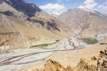 Aerial view of the Himalayan landscape around the wide bed of the Spiti river from the village of Dhankar in Himachal Pradesh, India.