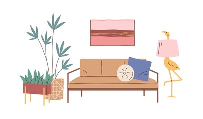 Home interior design with sofa, cushions, wall picture, potted house plants and floor lamp in retro style. Living room with couch and decor. Flat vector illustration isolated on white background