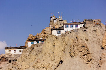 The ancient Buddhist monastery in the village of Dhankar on a barren cliff in the Spiti Valley in Himachal Pradesh, India.