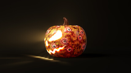 Alien Halloween pumpkin in dark. 3d illustration, suitable for halloween themes.