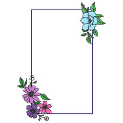 nature frame, border with beautiful flower in the corner. blue and purple flowers with green leaf. hand drawn vector. doodle art for greeting and invitation card, postcard, wallpaper, cover, poster. 