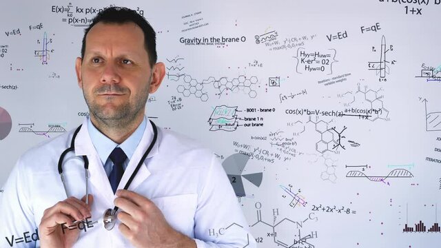 Adult caucasian male doctor with digital futuristic formula on white screen in background - Holographicn Complex Chemical Formula board - Motion graphic Science