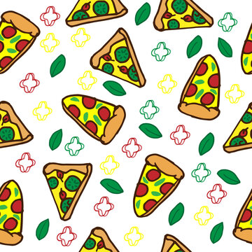 pizza slice with paprika and basil leaf illustration on white background. hand drawn vector, seamless pattern. fast food icon. doodle art for wallpaper, wrapping paper and gift, backdrop, fabric. 