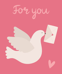 A cute carrier pigeon holds an envelope in its beak. Valentine's Day greeting card. Vector illustration