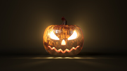 Bloody Halloween pumpkin in dark. 3d illustration, suitable for halloween themes.