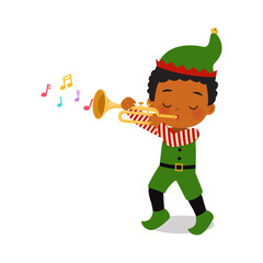 Cute boy in Christmas elf costume playing instrument. Flat vector cartoon design