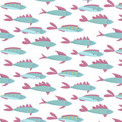 Childrens hand-drawn seamless pattern with fishes. Patern with cute fish. The pattern is suitable for prints, wrapping paper and banners.