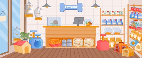 Cartoon pet store interior with counter desk and shelves. Empty animal shop indoor with accessory, toy, food. Zoo supermarket vector concept