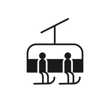 Isolated black icon of skiers on chair lift on white background. Silhouette of chair lift. Logo flat design. Winter mountain sport.