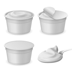 Realistic closed and open packaging cup and spoon with yogurt. Cheese, sour or ice cream plastic package mockup. 3d dairy product vector set