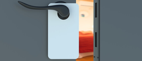 Hotel room blank hanger. Empty white label on door knob. 3d illustration