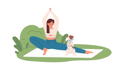 Woman doing yoga exercise with cute dog outdoors. Happy person during stretching workout with pet in nature. Young female training outside. Flat vector illustration isolated on white background