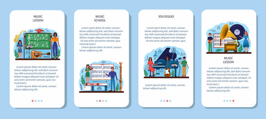Music club or school mobile application banner set. Students learn to play
