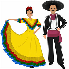 Woman and man in folk national Mexican costumes. Vector illustration