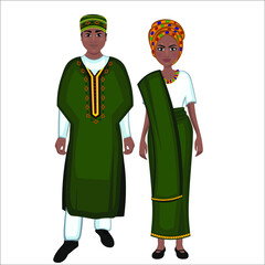 Woman and man in folk national Nigerian costumes. Vector illustration