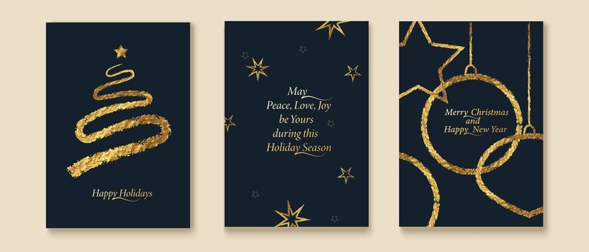 Christmas, New Year greeting cards. Christmas tree, holiday decor, balls, stars. Golden foil, glitter texture.