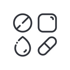 Black linear medical icon of pills pills, medicine, medicine, vitamins isolated on transparent background.