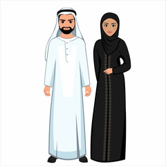Woman and man in folk national Emirates costumes. Vector illustration