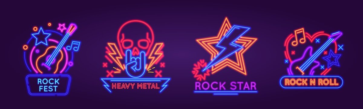 Glowing neon signboards for rock festival, band or club logo. Light sign for rock n roll music party with punk skull and guitars vector set