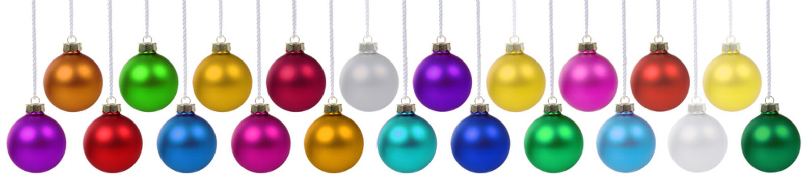 Christmas ornaments many balls baubles decoration banner hanging isolated on white