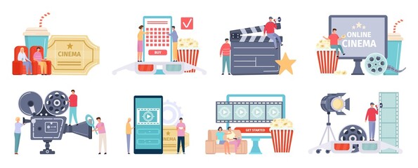Movie making industry, film theatre or online cinema concepts. Cartoon people watching movies at phone or tv and buying tickets vector set