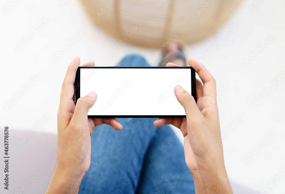 Aufkleber hand using cell phone in horizontal white screen display