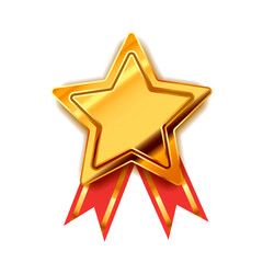 Bright golden award in star shape with red tape, glossy winner badge on white