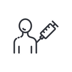 Black linear medical icon of syringe isolated on white background