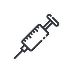 Black linear medical icon of syringe isolated on white background