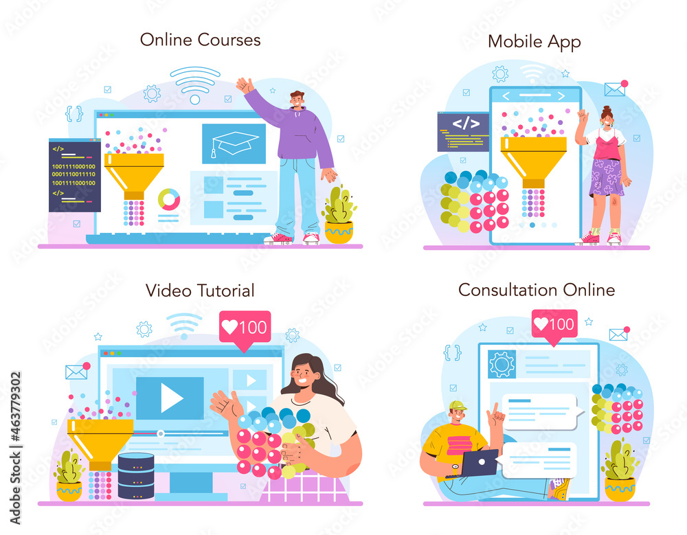 Poster big data analytics online service or platform set. big data from different