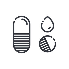 Black linear medical icon of pills pills, medicine, medicine, vitamins isolated on transparent background.