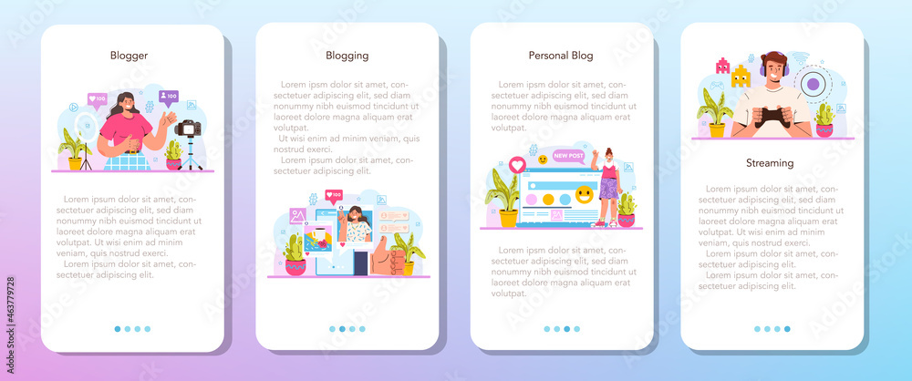Wall mural blogger mobile application banner set. character sharing media content