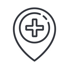 Black linear medical icon of first aid or hospital isolated on transparent background.