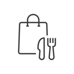 Comida para llevar. Bolsa con cubiertos. Logotipo bolsa de la compra con cuchillo y tenedor con lineas en color gris © teracreonte