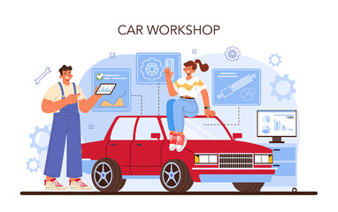 Car repair service. Automobile got fixed in car workshop. Mechanic
